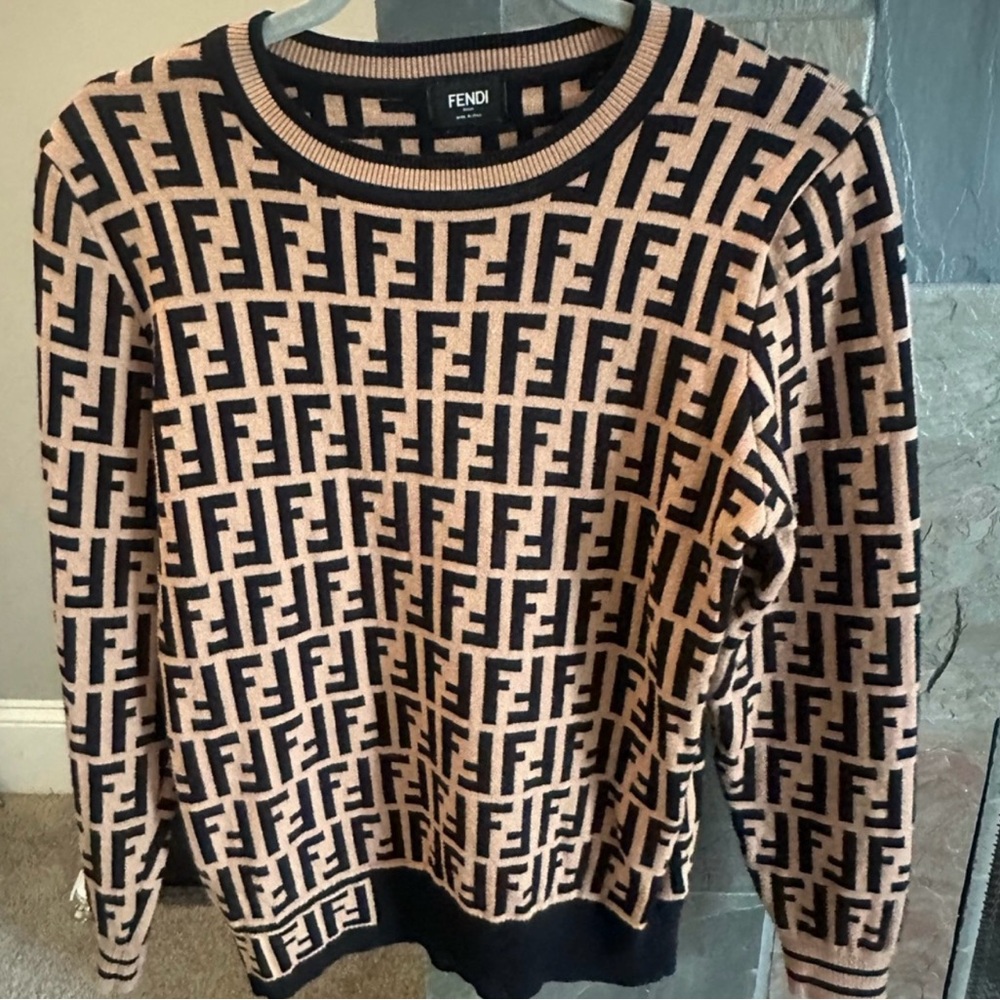 Fendi Beige and Black FF Jacquard Crewneck Sweater